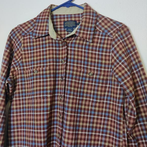 Pendleton Women's Virgin Wool Brown Gingham Check Button Up Flannel Small Petite - Picture 3 of 10